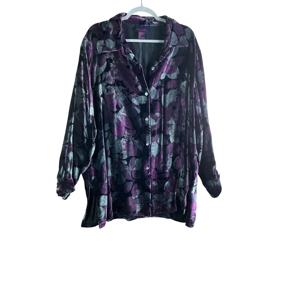 Denim‎ & Co Mens 2X Purple Floral Velvet Burnout Button Front Shirt Long Sleeve